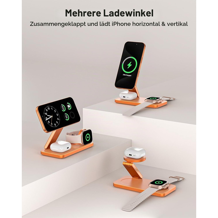 Бездротова зарядна станція 3 в 1 для Apple iPhone 17/16/15/14/13/12, Apple Watch Ultra/11/10/SE та AirPods 4/3/2, сумісна з MagSafe, складана, помаранчева