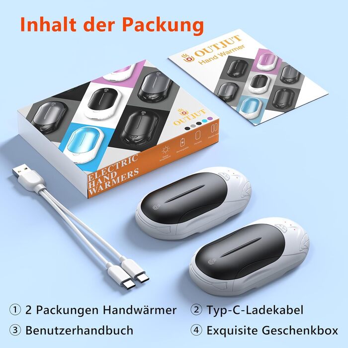 Електричні грілки для рук OUTJUT, 6000mAh, 3 режими нагріву, USB, 2 шт. - для спорту та подарунок