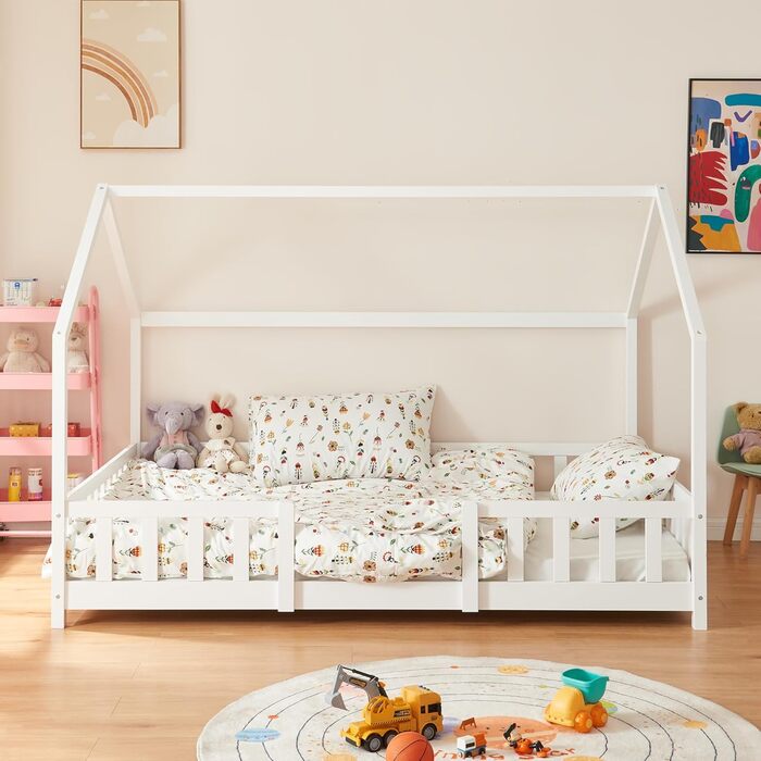 en.casa Kinderbett Sisimiut House Bed 140 x 200 cm with Side Rails, Wooden Bed for Children, Floor Bed, Slatted Frame, Pine Wood, Matt White, 140x200cm