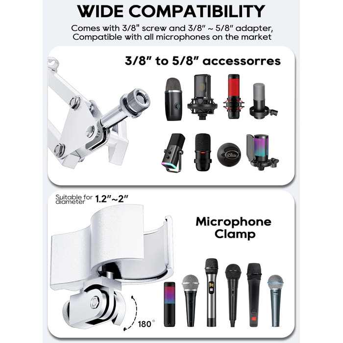 Кріплення для мікрофона на настільному кріпленні, 40 см, професійний мікрофонний тримач, сумісний з HyperX QuadCast, Blue Yeti, 360° обертання, адаптер 3/8' - 5/8'
