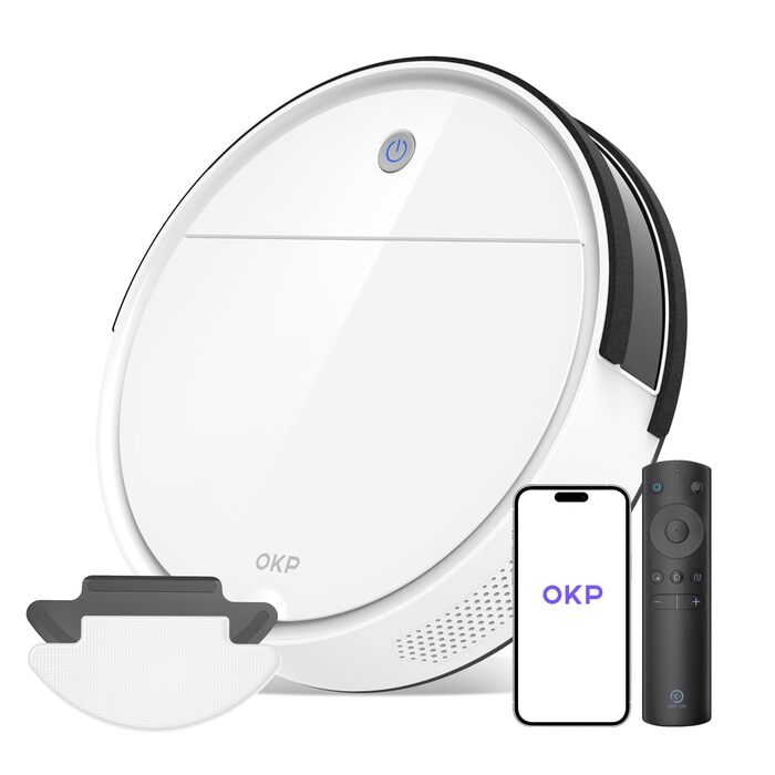 Робот-пилосос OKP з функцією миття, 2100Pa, K5B, для видалення шерсті тварин, з базою для зарядки, сумісний з Alexa та керуванням через додаток/пульт