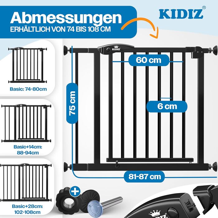 Захист для сходів KIDIZ без свердління | Регульована ширина 74-80 см, висота 75 см | Захист для дітей та собак, одноручний замок, система Open-Stop 90°, чорний, 81-87 см