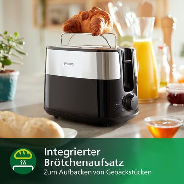Philips Toaster – 2 Toast Slots, 8 Levels, Bun Tray, Defrost Function, Automatic Shut-off, Black/Silver (HD2516/90) Single