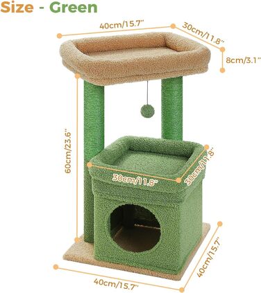 PAWZ Road Cat Tree, Multi-Tier Cat Tower with Sisal-Covered Scratching Post, Cozy Cat Condo, and Large Cat Perch for House Cats (Green)