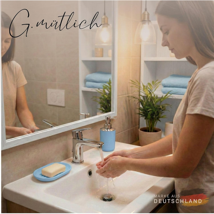 Набір аксесуарів для ванної кімнати 6 предметів, пластик, блакитний: туалетний йоржик, кошик для сміття, стакан для зубних щіток, мильниця, дозатор для мила, декоративна тарілка