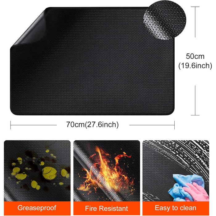 Стійка до вогню підставка під гаряче 50x70 см | Силіконовий килимок для захисту від вогню | Килимок для плити, фритюрниці, кавомашини | Чорний, антиковзний, водонепроникний