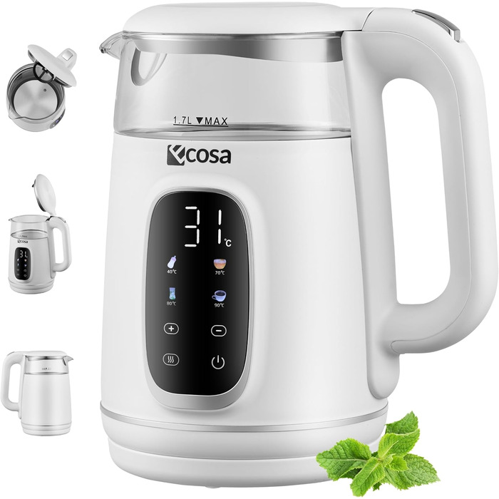 Електричний чайник Ecosa® зі скляною колбою та нержавіючою сталлю, 1.7 л, 2200 Вт, регулювання температури 40-100°C, функція підігріву, LED-підсвічування, без BPA (Woldo White)