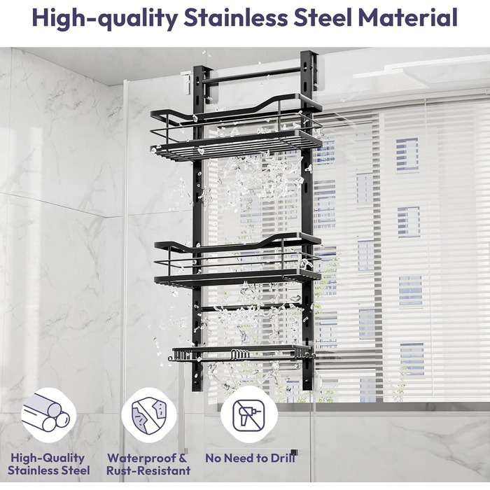 SWTYMIKI Adjustable Hanging Shower Shelf - No Drilling Shower Shelf for Glass Door, Stainless Steel Shower Shelf with Hooks and Soap Holder, Shampoo Holder for Shower, Black