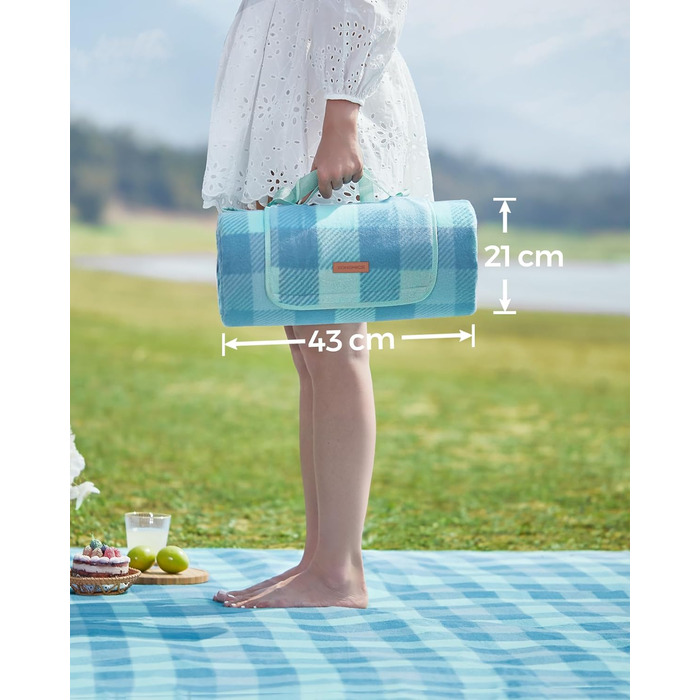 Плед для пікніка SONGMICS великий (200x300 см), водонепроникний, з 4 кілочками, для парку, саду, пляжу, складаний, блакитний GCM011Q02