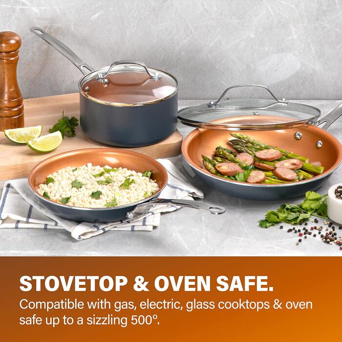 Gotham Steel 5-Piece Kitchen Essentials Cookware Set with Ultra Non-Stick Copper Coating, Dishwasher Safe, Cool-Touch Handles - Includes Frying Pans, Stock Pot, and Glass Lids