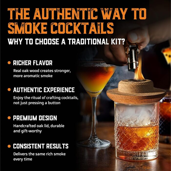 Набір для копчення коктейлів з пальником та 8 смаків дерев'яних стружок - Преміум коптячка з дуба США - Набір для Old Fashioned - Подарунок для чоловіків (з бутаном)