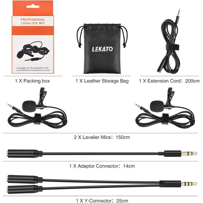 Мікрофон-петличка LEKATO для смартфона та ПК (2 шт.), 3.5 мм, 2 м кабель для запису, трансляцій, інтерв'ю, конференцій, подкастів