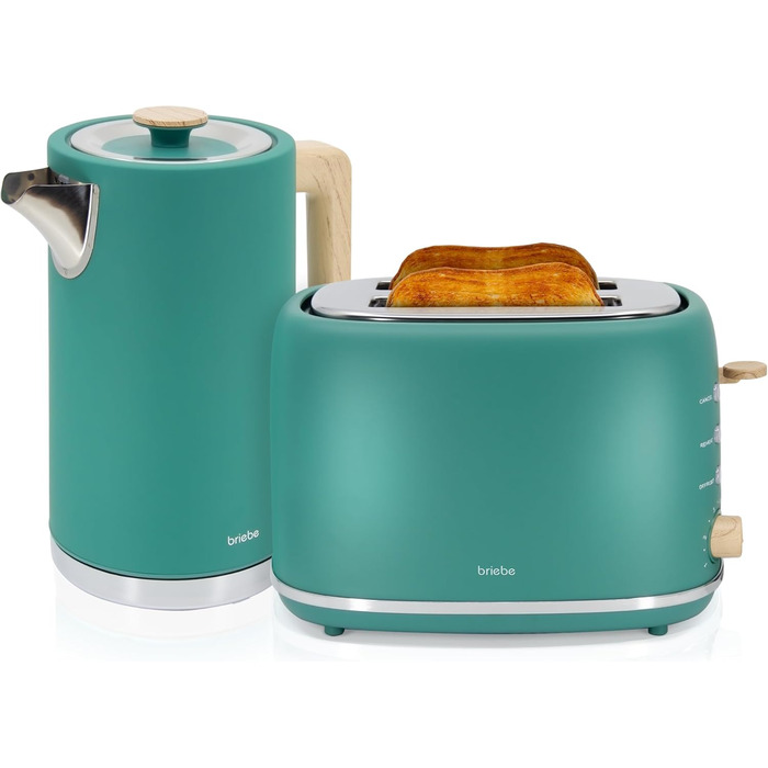 Набір для сніданку Briebe Nordic: тостер на 2 тости з підставою для бургерів та електрочайник 1.7л, 6 режимів підсмажування, зелений