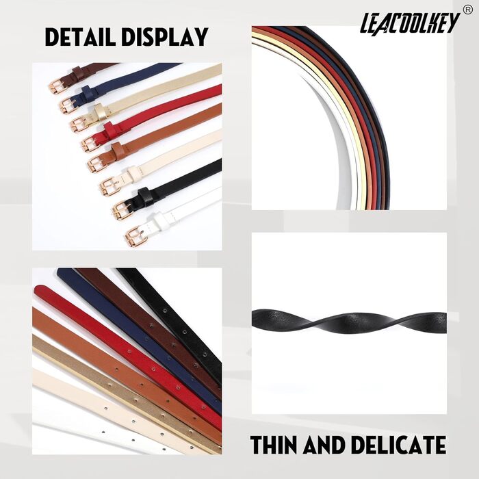 LEACOOLKEY Набір з 4 тонких шкіряних жіночих ременів для суконь та джинсів з золотою пряжкою (100 см) - чорний, коричневий, синій, бежевий