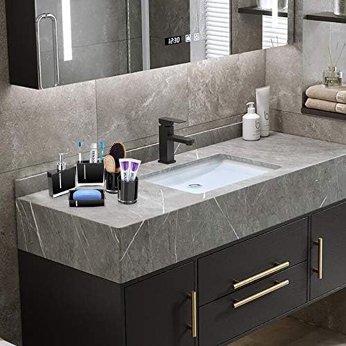 5-Piece Bathroom Accessories Set, Bathroom Dispenser Set includes lotion bottle, toothbrush holder, tray, 2 rinsing cups (black)