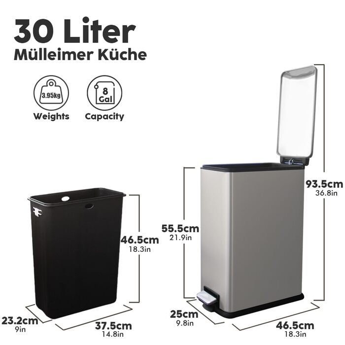 Трюмний сміттєвий бак для кухні, нержавіюча сталь, 30л, з кришкою та внутрішнім відром