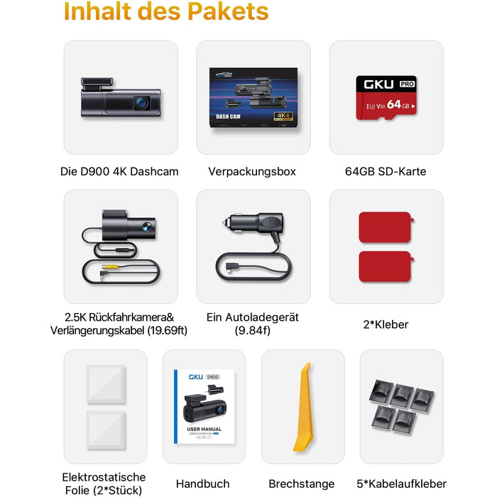 Відеореєстратор GKU 4K+2.5K з Wi-Fi 5GHz, GPS, Нічне Бачення STARVIS, IPS-дисплеєм 1.5', 24h парковка, 360° обертання, 64GB SD-карта, чорний