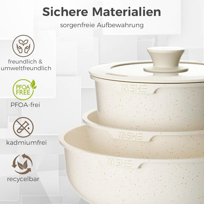 Набір кухонного посуду YASHE 15 предметів: каструлі та сковорідки з гранітно-посудомийним покриттям, знімні ручки, компактний, легко миється, сумісний з індукцією, газом та склокерамікою, білий