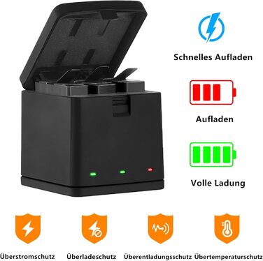 Зарядний комплект Vemico Hero 8: 3 акумулятори 1500 mAh, 3-канальна зарядна станція з Type-C USB, захисний ковпачок, сумісний з Hero 8/7/6/5/AHDBT-801