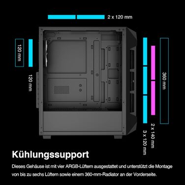 Корпус для ПК GAMDIAS Aura GC1 Elite ARGB Midi-Tower: сітка для високої циркуляції повітря, 4 x 120 ARGB вентилятори, скляна панель, підтримка синхронізації материнської плати, чорний
