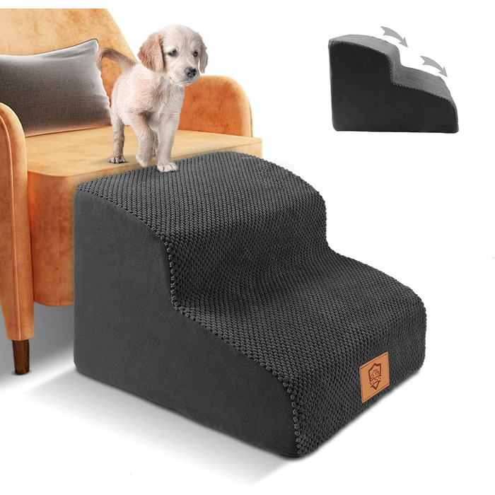 Myiosus Dog Stairs for Bed, 2-Step Foam Pet Stairs for Sofa with Removable Waterproof Cover, Non-Slip Dog Ramp Ladder for Small Dogs and Cats, 40 x 40 x 30 cm, Black