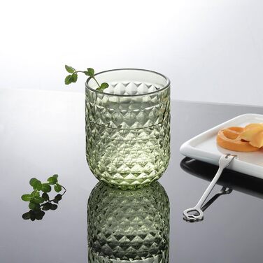 Joeyan 200ml Small Green Drinking Glasses Set of 6, Colorful Water Glasses Set with Diamond Embossed Design, Vintage Glasses Set for Home Restaurant Bar, Dishwasher Safe