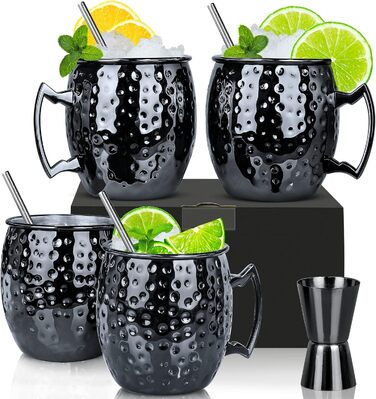 Moscow Mule Mug Set, 4-Piece, Gunmetal Black 550ml, Moscow Mule Mug with 4 Cups, 4 Straws, 1 Measuring Cup for Cold Drinks, Beer, Gin, Vodka, Cocktails, and Water Enjoyment