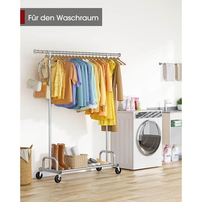 Вешалка для одягу на колесах, з полицею та широкою перекладиною, 116 x 43 x 150 см, сріблястого кольору