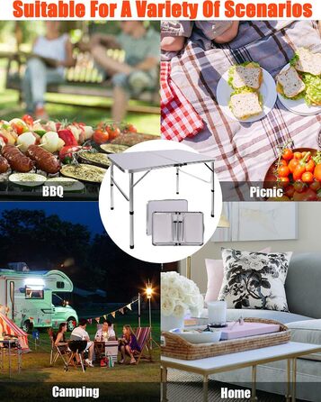 Складний столик для пікніка, 90 см, алюміній, регульована висота, легкий, для кемпінгу та саду (90 x 60 x 37/67 см)