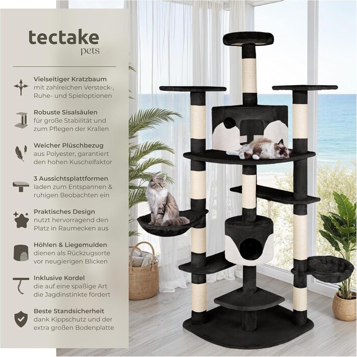 Дерево для котів tectake® велике, з аксесуарами та іграшками, XXL дерево для котів з 2 будиночками, ігровий комплекс з подряпальною колоною, з сизалю - сірий/білий (чорно-білий | № 402185)