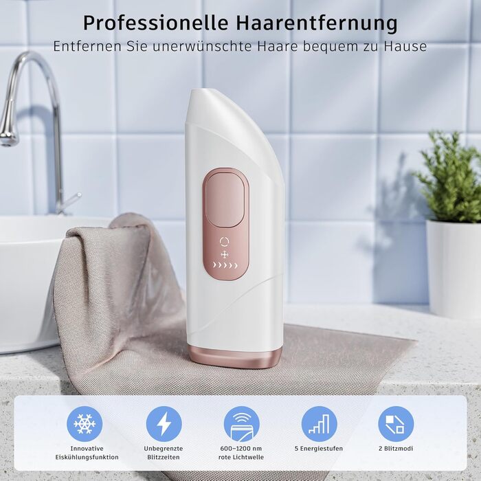 Пристрій для епіляції IPL з лазером та охолодженням, необмежена кількість імпульсів, довжина хвилі 600 нм, для жінок та чоловіків, обличчя, бікіні, руки, ноги, тіло, Rose