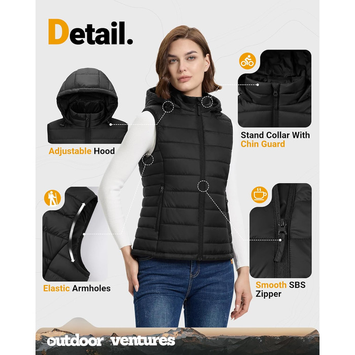 Стьобана жилетка Outdoor Ventures з капюшоном для жінок: тепла спортивна жилетка для походів, кемпінгу та їзди на велосипеді, чорна, XXL