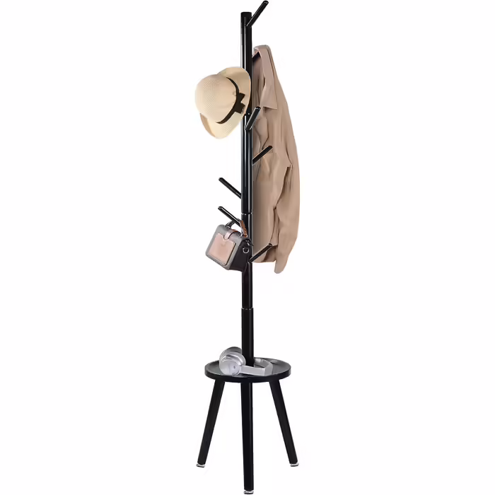 Yawinhe Coat Rack, Solid Wood Clothes Rack, Tree-Shaped Coat Stand with Anti-Slip Pad and Side Table, 8 Hooks, 3 Adjustable Heights, 182cm Height, for Entrances, Living Rooms, Black