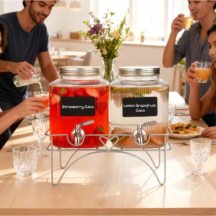 2 шт. диспенсер для напоїв на 4.5 л зі скляним краном, широка горловина, диспенсер для напоїв, підставка та нержавіюча сталь - для вечірок, коктейлів, соку, води та напоїв 4.5 л, 2 шт.