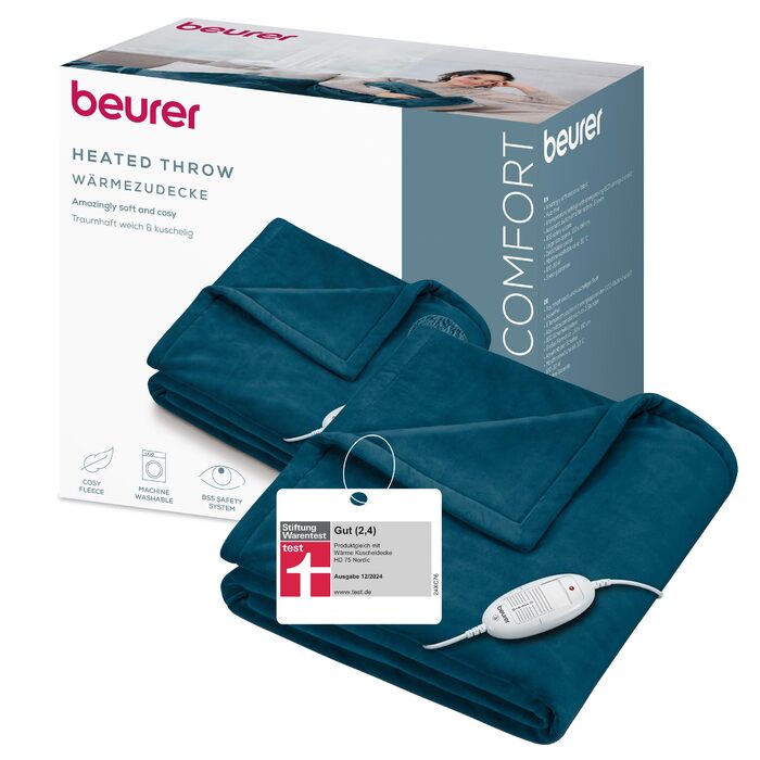 Електрична ковдра Beurer HD 75 з 6 режимами нагріву, системою безпеки та автовимкненням, 180x130 см (Petrol)