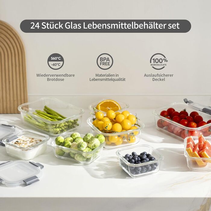 Набір скляних контейнерів для зберігання їжі GENICOOK 24 шт. з кришкою. Набір скляних контейнерів для продуктів, Meal Prep, герметичні контейнери для кухні сірого кольору.