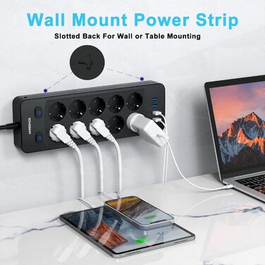 Мережевий фільтр NVEESHOX з 10 розеток, 3 USB-A та 1 USB-C (20W PD), з індивідуальними вимикачами, захист від перенапруги, 2м, для дому та офісу (Чорний)