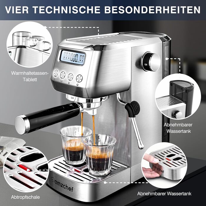 AMZCHEF Espresso Machine 20 Bar | Espresso Machine with Milk Frother | Semi-Automatic Espresso Machine with 2-IN-1 Portafilter for Single and Double Shots | Espresso Machine with Removable Water Tank 1.3 L 1.3L