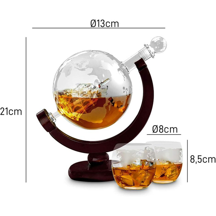 MikaMax - Globus Decanter Set - Whiskey Decanter - with two glasses - Whiskey set - Funnel included - Handcrafted - Transparent - 850 ML - Airtight closure - Men's gift