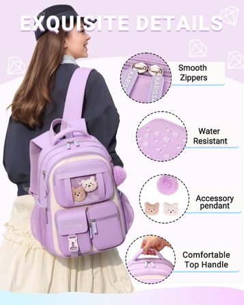 Дитячий рюкзак для школи DivingBirds для дівчаток 2-7 клас, 22L | Легкий, з дихаючим вкладишем спинки та м'якими лямками | Рюкзак для підлітка 7-10 років (фіолетовий)