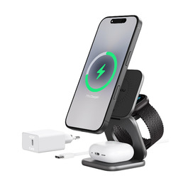 Бездротова зарядка 3-в-1 KU XIU X40 Turbo Qi2.2 25W для iPhone 15/14/13/12, Apple Watch, AirPods, з адаптером GaN 45W, сіра