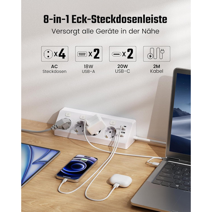 Розетка кутова з 2 USB та 2 Type-C, 16A/3840W, настінна, з кабелем 2м, для офісу, кухні та вітальні, біла