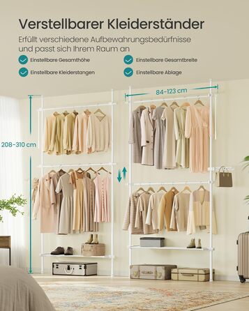 SONGMICS Telescopic Rod Clothes Rack, 3-Tier Wardrobe, Height and Width Adjustable, Open Closet with 2 Clothes Rods and Removable Shelf, Gripper Arm, HSR136B01 (Matt White, 1 Row (84B~123B cm))