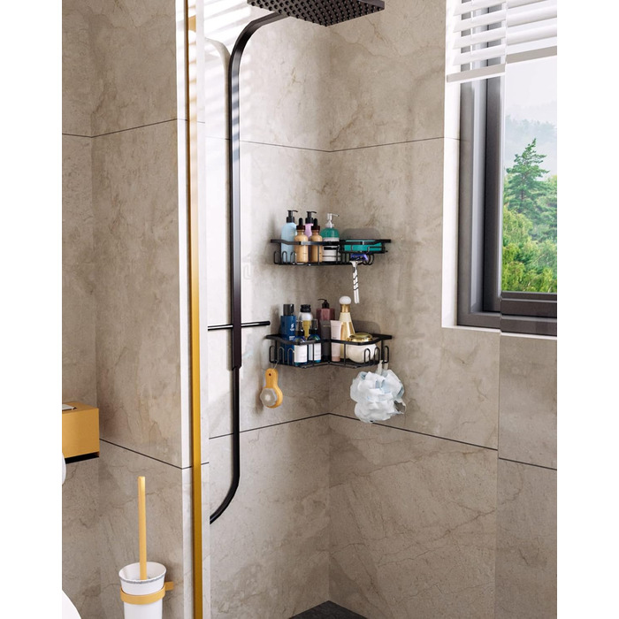 Дзеркальна поличка для душу HapiRm без свердління - органайзер для ванної кімнати та кухні з 11 гачками, мильниця, тримач для бритви, кріплення на присосках, 3 наклейки