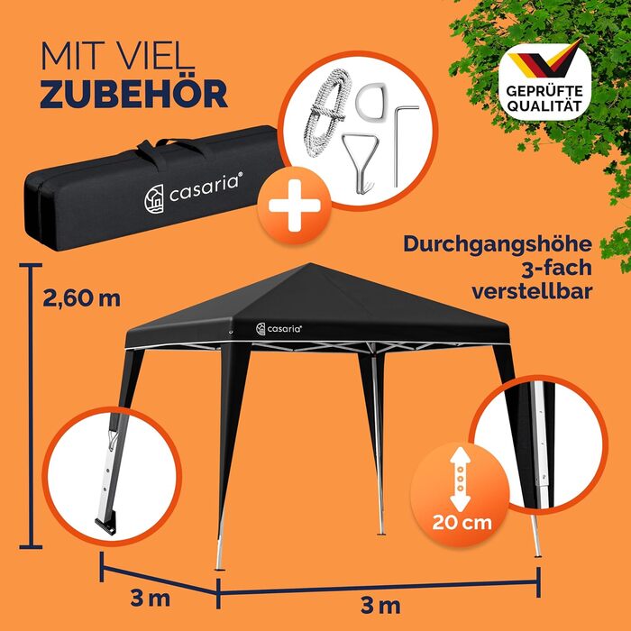 CASARIA® Capri Pavilion 3x3m Pop-Up UV Protection 50+ Waterproof Winter-Proof with Bag Foldable Stable Camping Garden Pop-Up Pavilion Party Tent (Black)
