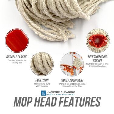 Replacement Mop Heads, color-coded, self-threading, cotton mop head No. 12 PY (Red, 5 pieces)