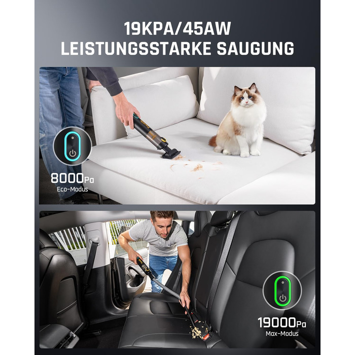 Потужний акумуляторний автопилосос Fanttik Slim V8 Apex 19000 Па, 4-в-1 ручний пилосос RobustClean, міні повітряний насос, портативний пилосос для авто, офісу, клавіатури, чорний