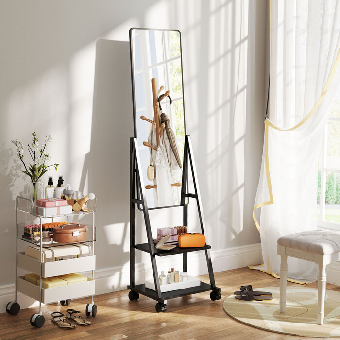 HOMCOM Full Length Mirror, 42 x 155 cm Standing Mirror with Shelf, Standing Mirror with Wheels, Floor Mirror for Bedroom, Living Room, Black | Aosom