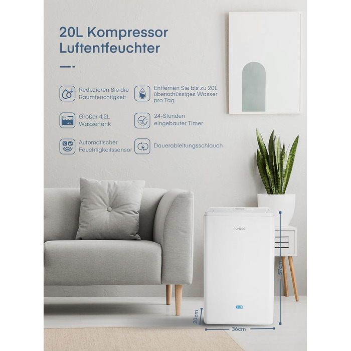 Розумний осушувач повітря з Wi-Fi та додатком, 20 л/24 год, для приміщень до 135 м³ (50 м²), об'єм бака 4.2 л, захист від переливу, таймер 24 год з режимом прання, осушувач для підвалу, спальні, ванної кімнати