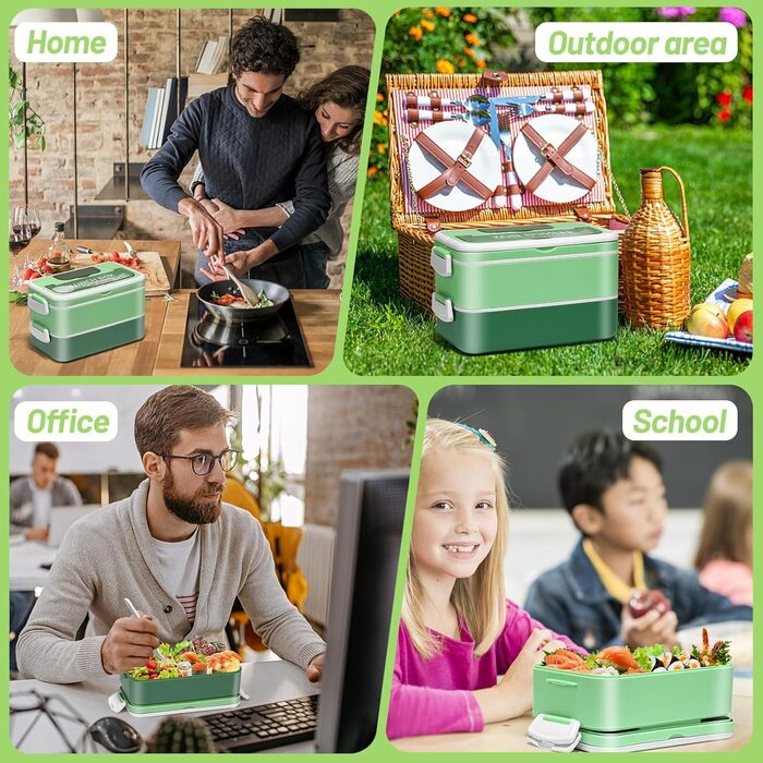 Anykuu Lunchbox 1600ML Lunchbox with 2-4 Flexible Compartments Bento Box with Spoon, Fork & Spice Box Lunchbox for Kids for Microwave, Dishwasher Lunchbox Kids for School, Work, Picnic, Green
